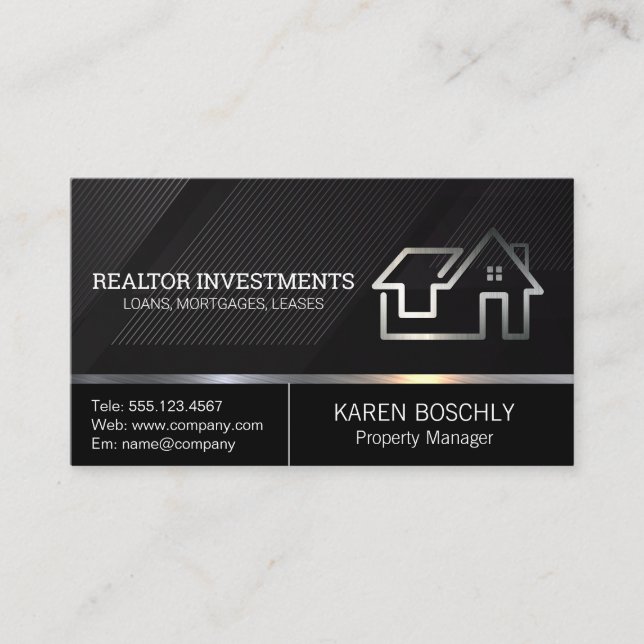 Real Estate Modern Logo | Sleek Black Pattern Business Card (Front)