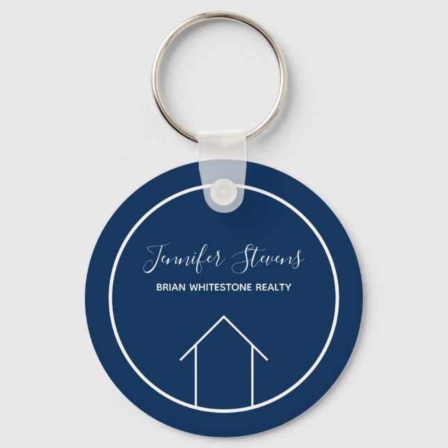 Real Estate Modern Navy Blue Personalised House Key Ring (Front)