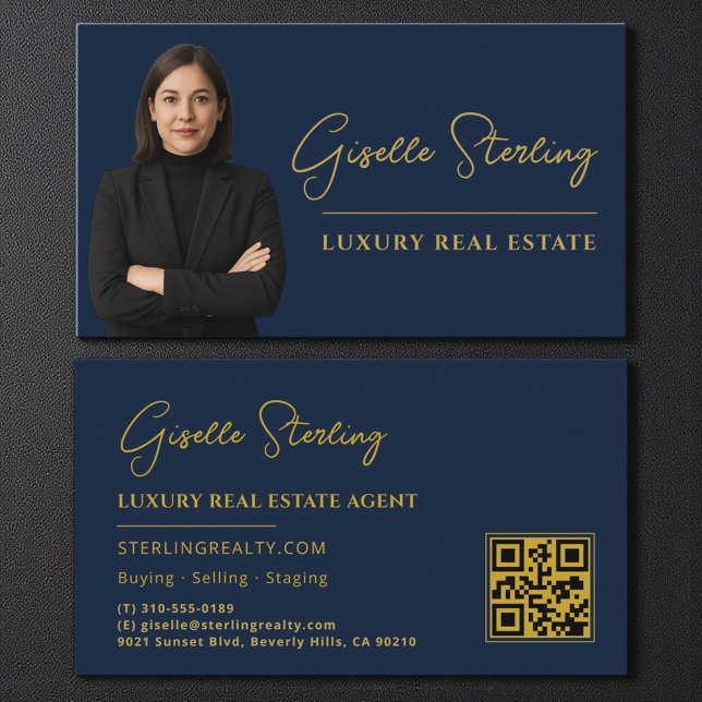 Real Estate Navy Blue Gold QR Code Script Luxury  Business Card (Creator Uploaded)