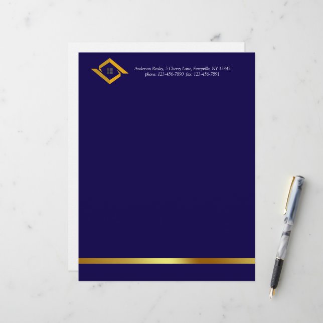 Real Estate Navy Blue House Logo Modern Realtor Custom Letterhead (Front/Back In Situ)