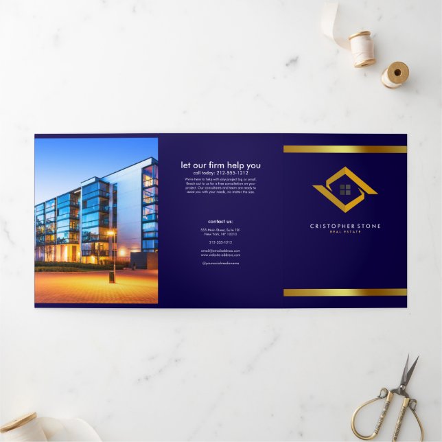 Real Estate Navy Blue House Logo Modern Realtor Tri-Fold Card (Outside)