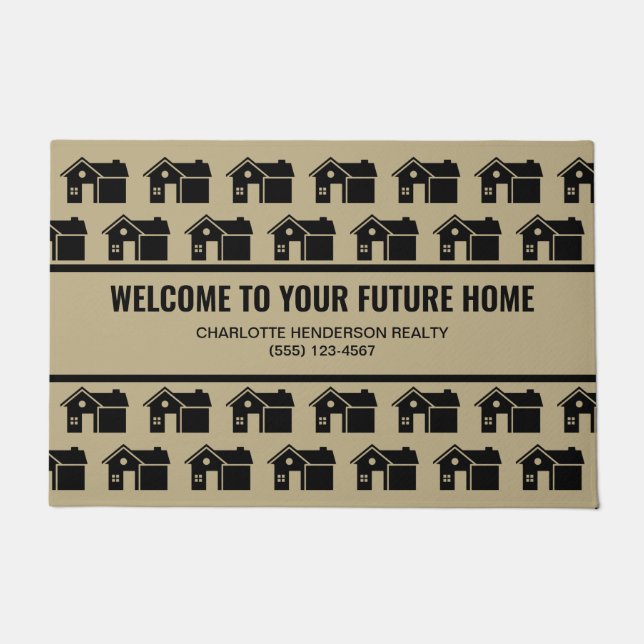 Real Estate Open House Black and Tan Welcome Doormat (Front)
