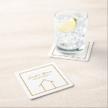 Real Estate Open House Custom Chic Gold White Square Paper Coaster<br><div class="desc">This chic realtor coaster is the perfect subtle way to market during an open house. If a homebuyer leaves with your napkin, they will have the real estate agent name and company to contact later to buy or sell a home. These minimalist gold and white napkins feature a simple line...</div>