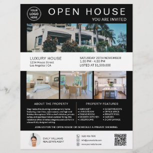 Real Estate Open House Logo Photo QR Black White Flyer