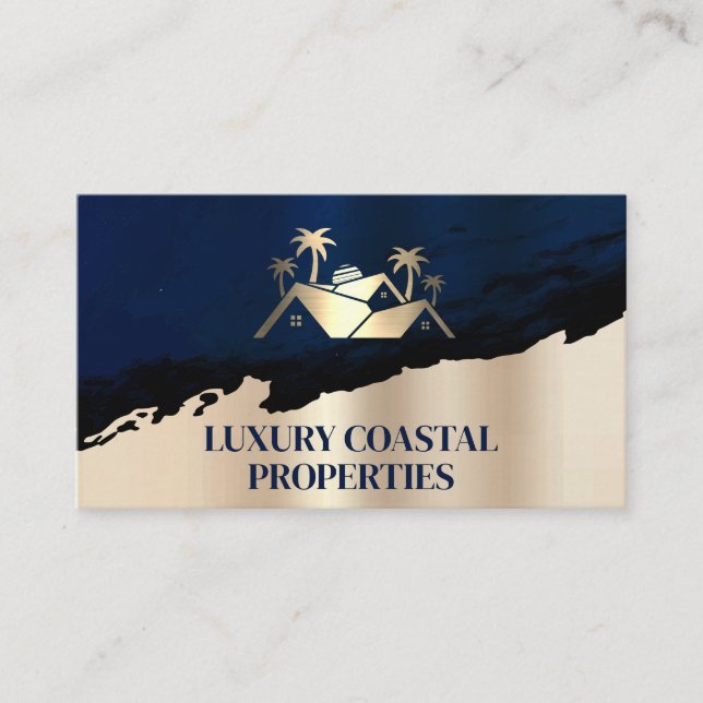 Real Estate Palm Tree Logo | Blue Gold Business Card (Front)