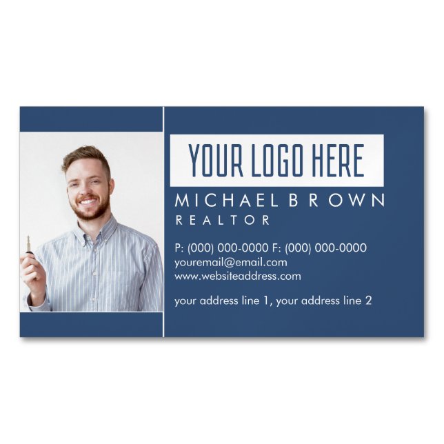 Real Estate Photo Navy Elegant Magnetic Business Card (Front)