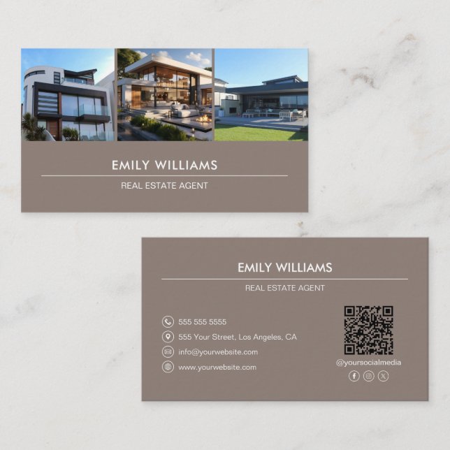 Real Estate Photo QR Social Media Taupe Business Card (Front/Back)
