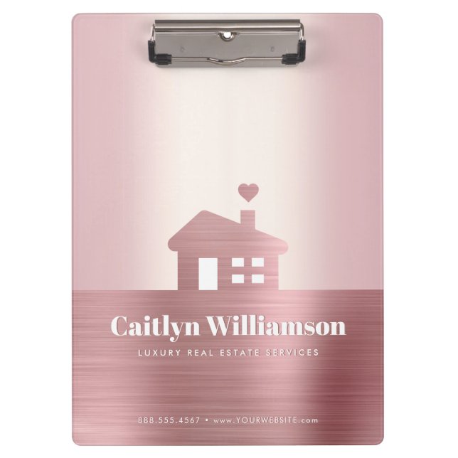 Real Estate Pink Rose Gold Foil Broker Agent House Clipboard (Front)