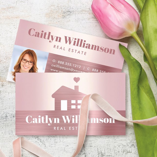 Real Estate Pink Rose Gold Foil Photo Agent House Business Card (Creator Uploaded)