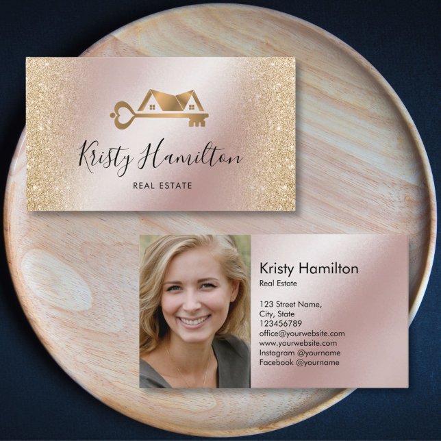 real estate professional house key add photo business card (gold house with key realtor logo on the rose gold background with glitter gold on the edges)