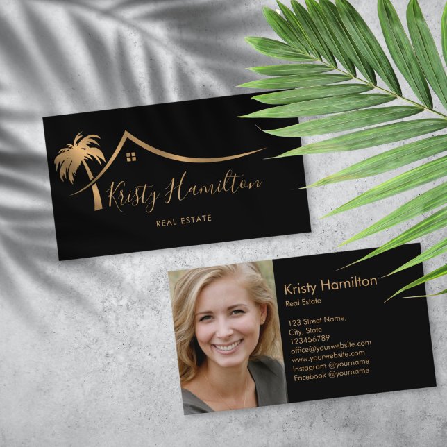 real estate professional house realtor add photo business card (gold palm tree house real estate logo business card)