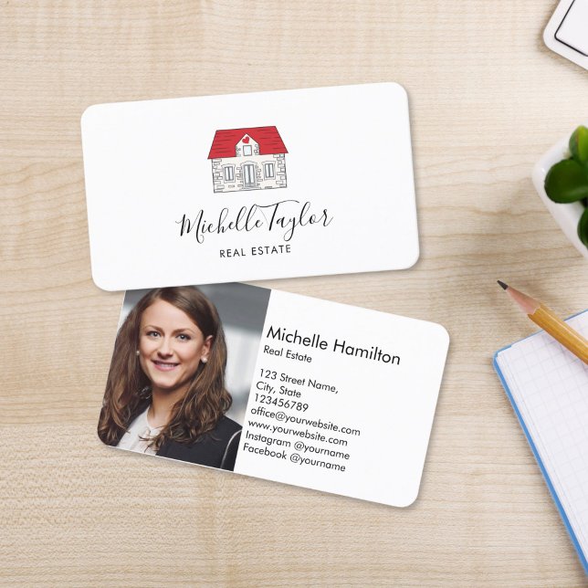 real estate professional house realtor gold photo  business card (cute hand drawn house with red roof real estate logo business card)