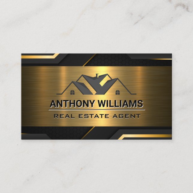 Real Estate Properties | Gold Black  Business Card (Front)