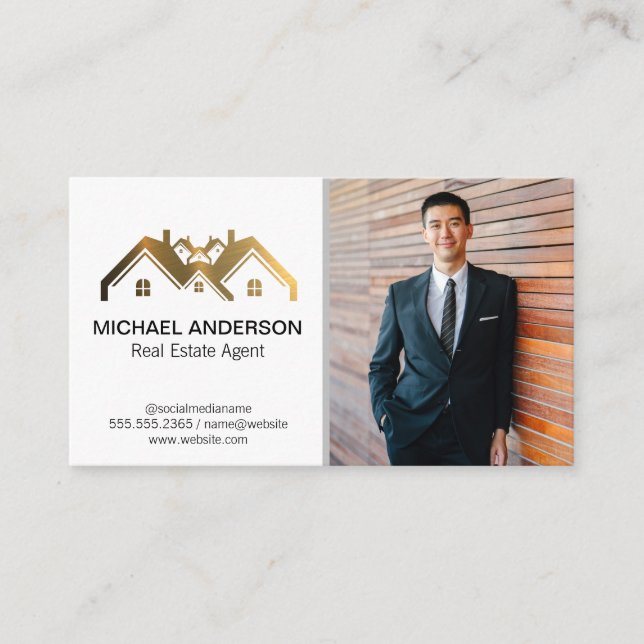 Real Estate Property Gold Logo | Business Man Business Card (Front)