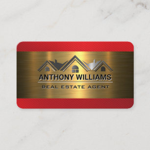 Real Estate Property   Gold Metallic   Red Trim Business Card