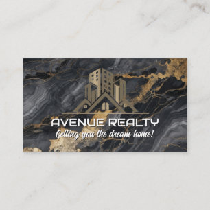 Real Estate Property Logo   Black Gold Lux Marble Business Card