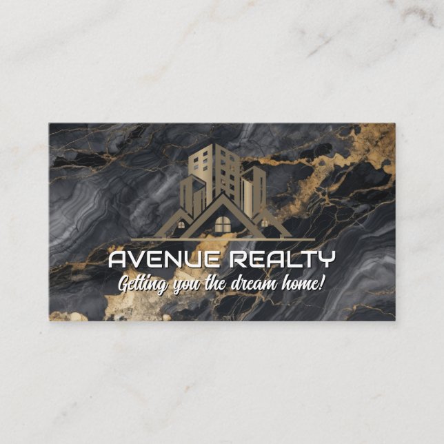 Real Estate Property Logo | Black Gold Lux Marble Business Card (Front)