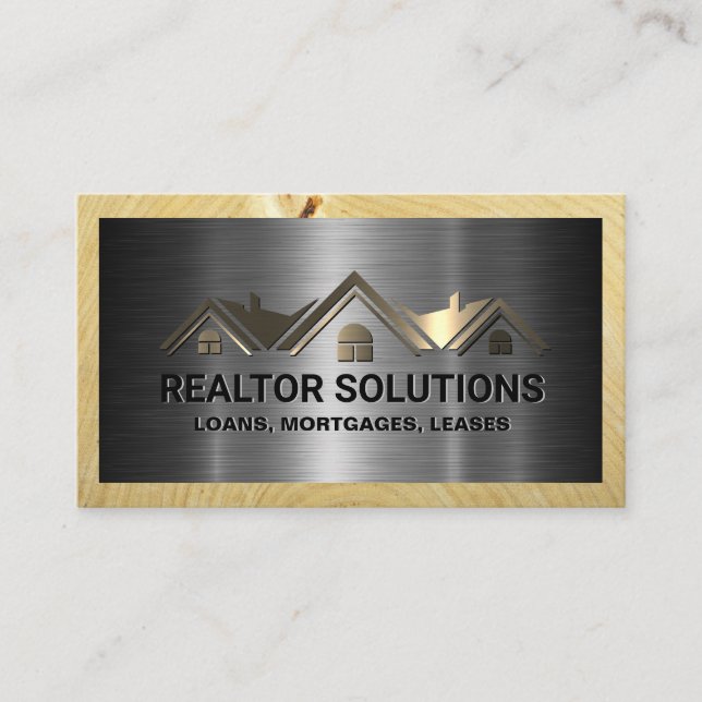 Real Estate Property Logo | Metallic and Wood Business Card (Front)