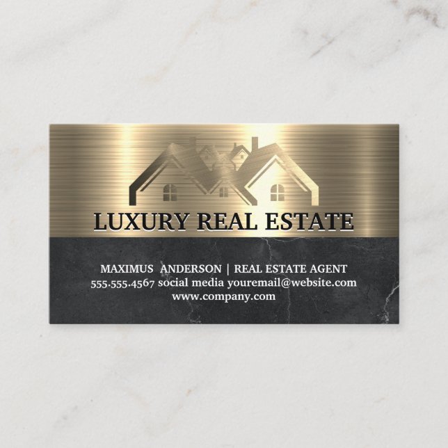 Real Estate Property | Metallic Gold Black Marble Business Card (Front)