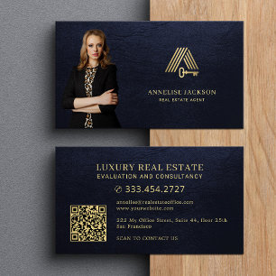 Real estate QR code gold house key logo photo navy Business Card