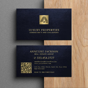 Real estate QR code house logo navy gold  Business Card