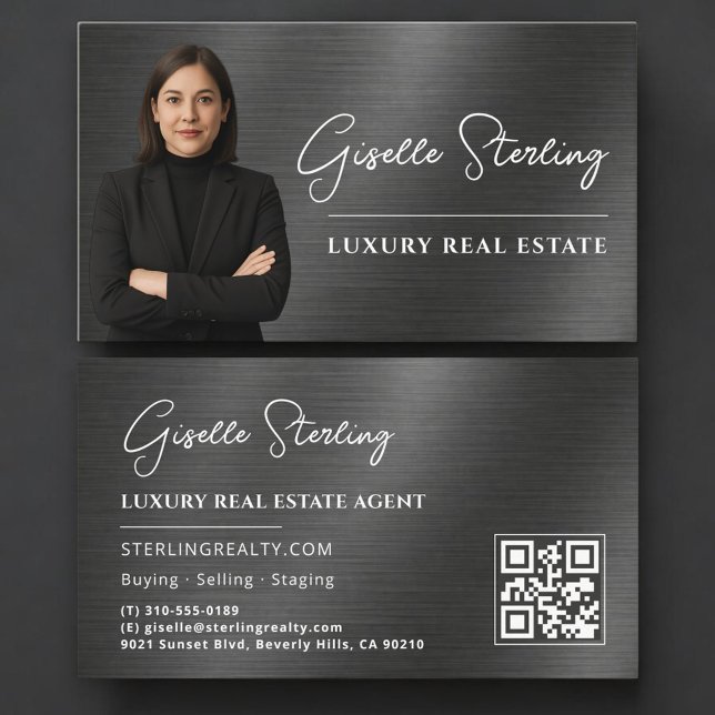 Real Estate QR Code Photo Metallic  Business Card (Creator Uploaded)