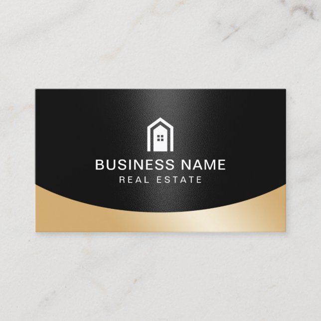 Real Estate Realtor Modern House Logo Black & Gold Business Card (Front)