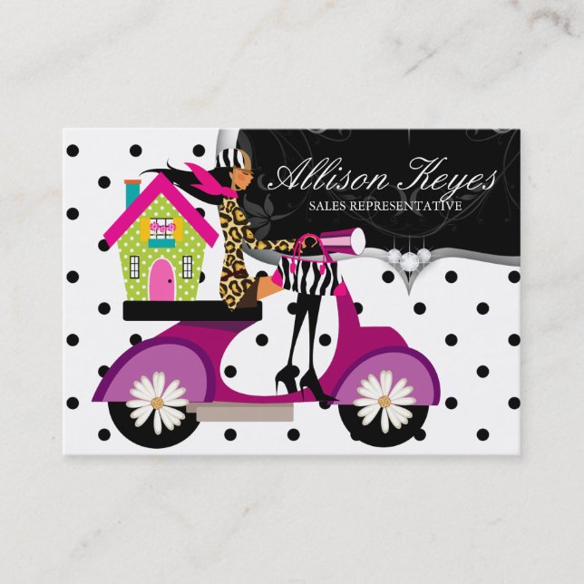 Real Estate Realtor Scooter Girl House Dots Business Card (Front)
