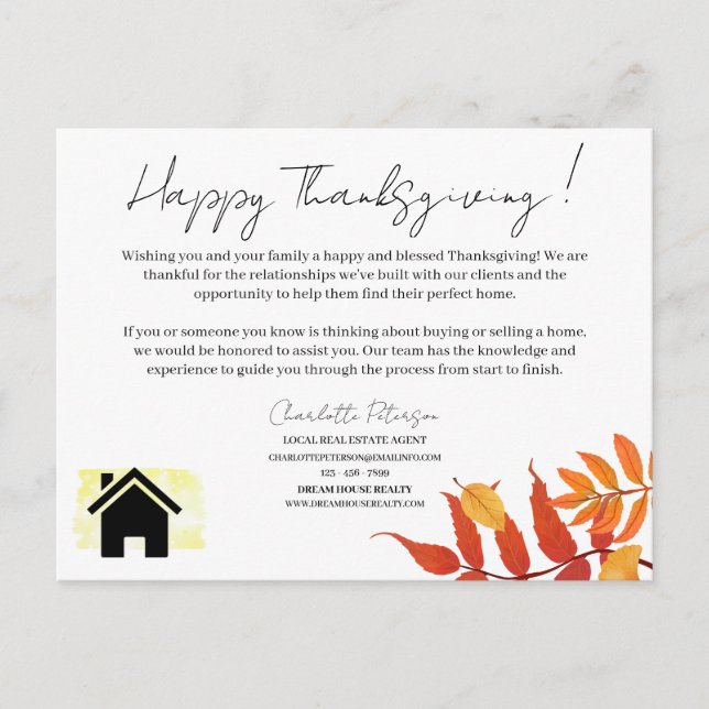 Real Estate Realtor Thanksgiving Marketing  Holiday Postcard (Front)