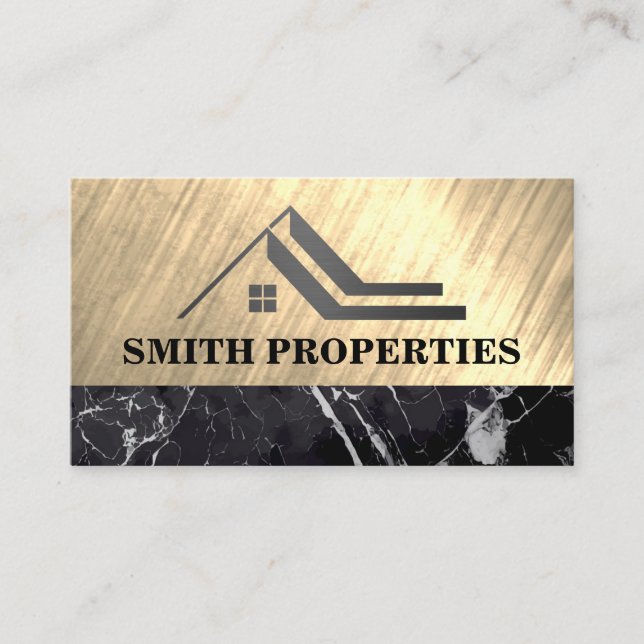 Real Estate Roof | Gold Metallic | Black Marble Business Card (Front)