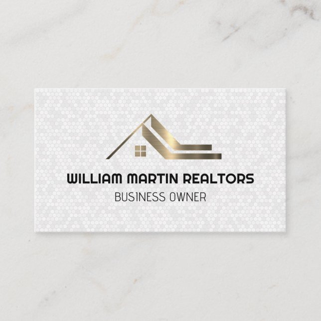 Real Estate Roof Gold Metallic | White Geometric Business Card (Front)