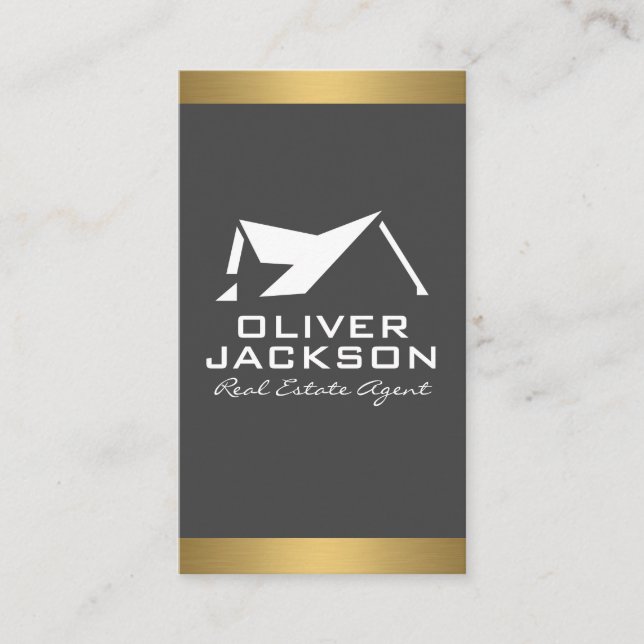 Real Estate Roof Logo | Gold Trim Business Card (Front)