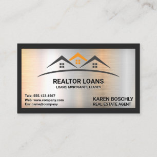 Real Estate Roof Logo Metallic Brushed Business Card