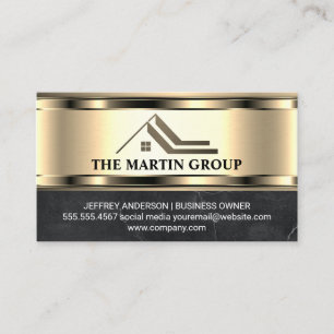 Real Estate Roof Logo Metallic Gold Marble Business Card