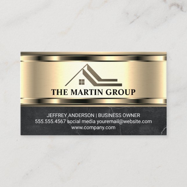 Real Estate Roof Logo | Metallic Gold Marble  Business Card (Front)