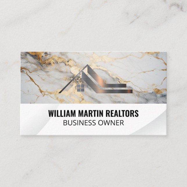Real Estate Roof Metallic Logo | Gold Marble Business Card (Front)
