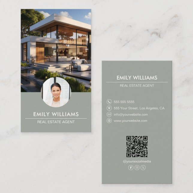 Real Estate Sage Green Photo QR Code Social Media Business Card (Front/Back)