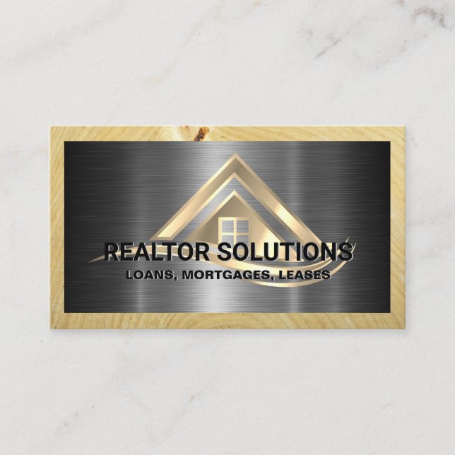 Real Estate Solutions Logo | Metallic and Wood Business Card (Front)