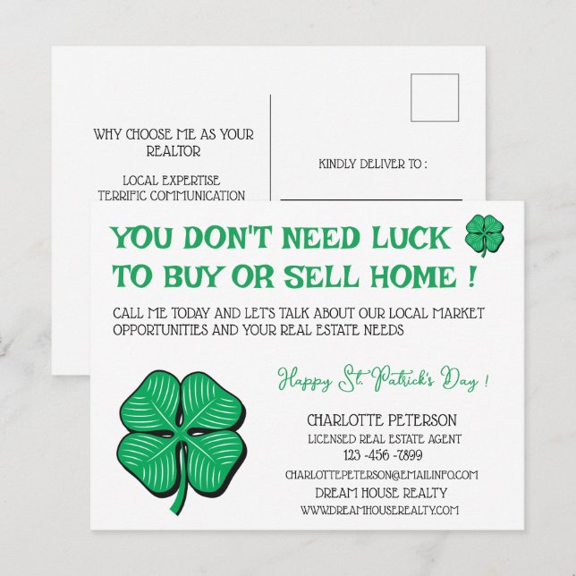 Real Estate St Patrick's Day Promotional Marketing Holiday Postcard (Front/Back)