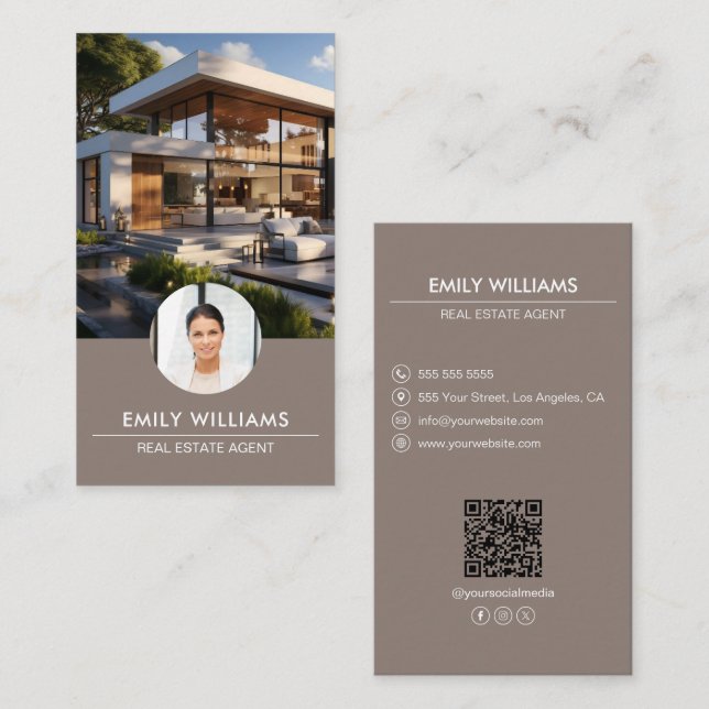 Real Estate Taupe Photo QR Code Social Media Business Card (Front/Back)