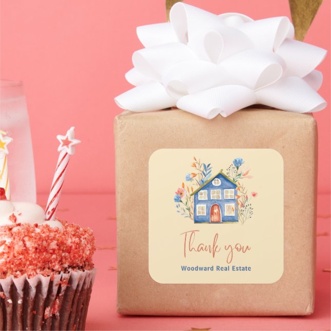 Real Estate Thank You | Watercolor House Flowers Square Sticker (Party)