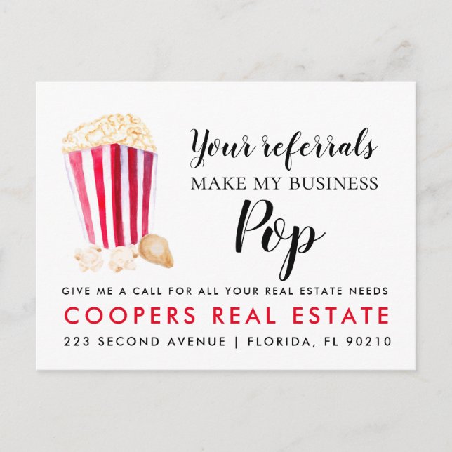 real estate Your Referrals Make My Business Pop Announcement Postcard (Front)