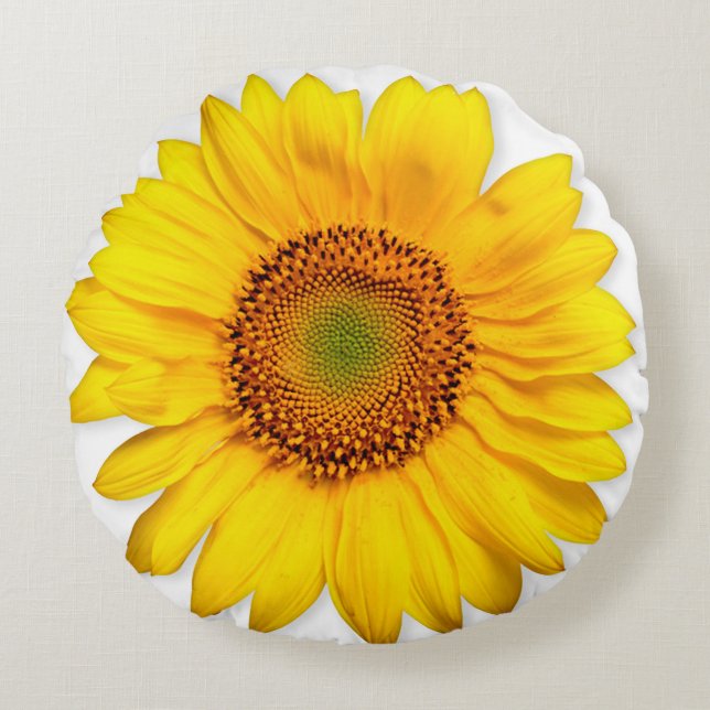 Real Flowers Yellow Sunflower and Orange Poppy Round Cushion (Front)
