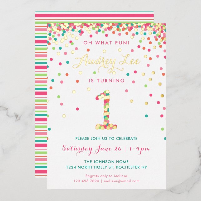 Real Foil 1st Birthday Invitations, Pink Confetti (Front/Back)