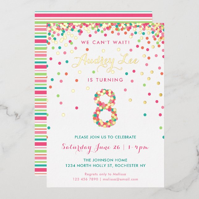 Real Foil 8th Birthday Invitations, Pink Confetti (Front/Back)