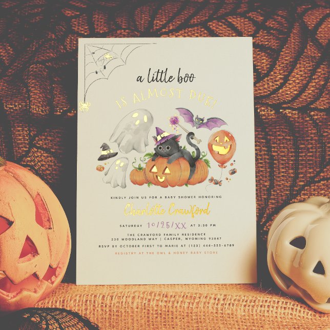 Real Foil | A Little Boo Cat Halloween Baby Shower Foil Invitation Postcard (Creator Uploaded)