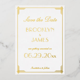 Real Foil Art Deco Save The Date White Cards