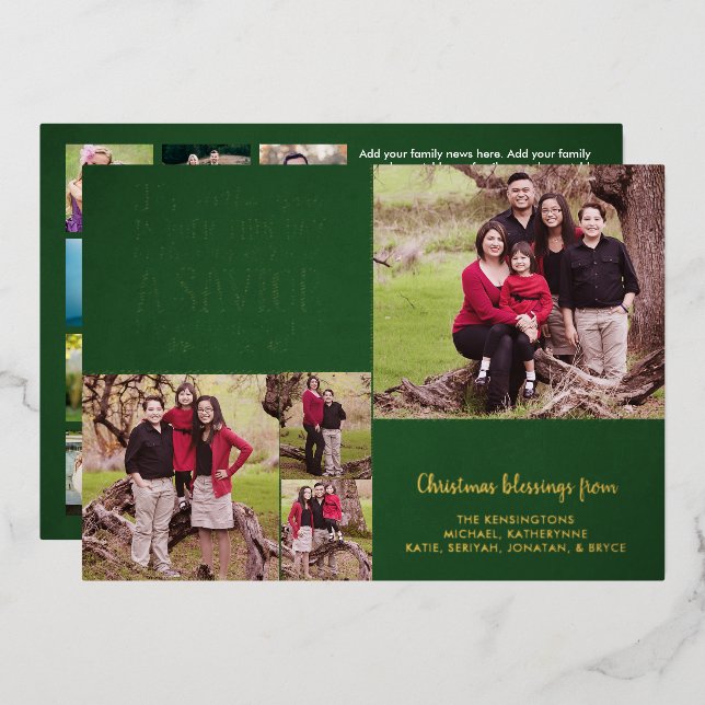 REAL Foil Christian Verse Green Photo Collage Foil Holiday Card (Front/Back)