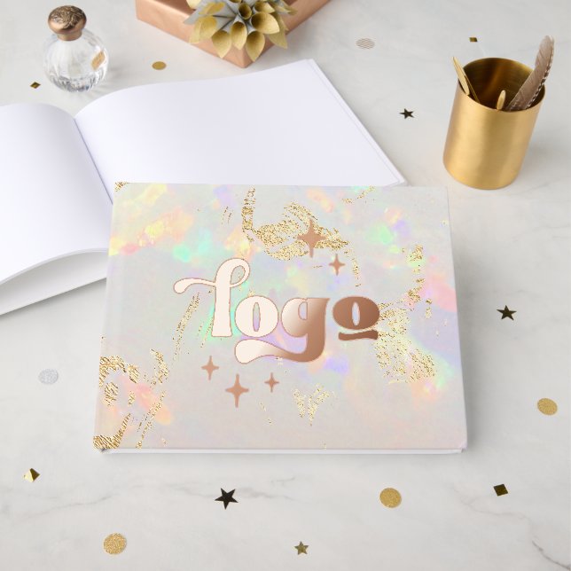 real foil company logo on opal background guest book (Front Open)