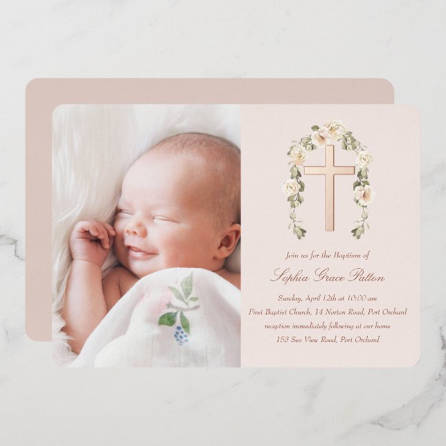 Real Foil Cross Baptism Invitation Foil Invitation (Front/Back)